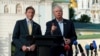 US Senators Richard Blumenthal (left) and Lindsey Graham (right), speak at a press conference in Kyiv earlier this year. 