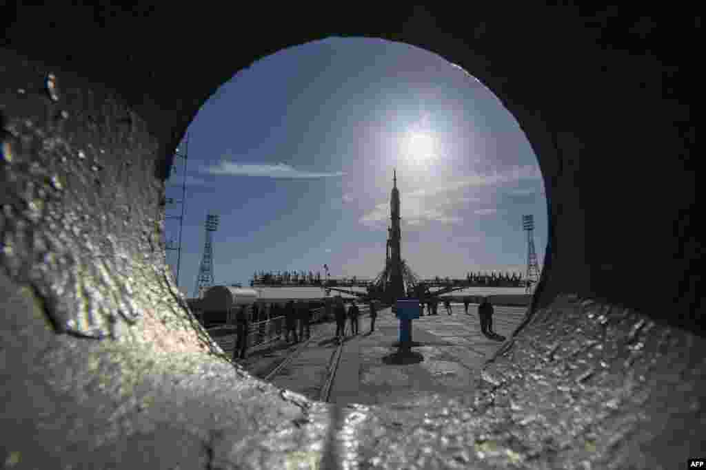 A Soyuz MS-04 spacecraft due for liftoff on April 20 lies on the launch pad at the Russian-leased Baikonur Cosmodrome in Kazakhstan. (AFP)