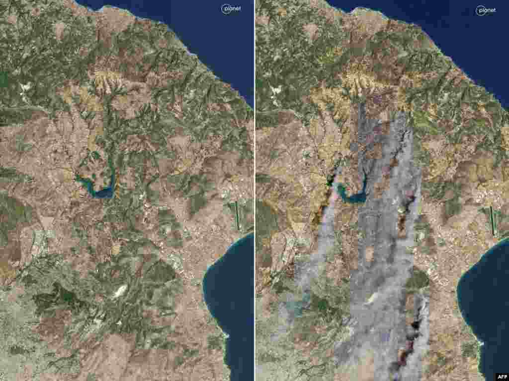 Gravitatea incendiilor din acest an se vede și din spațiu potrivit imaginilor din satelit care arată situația din regiunea Attica de Est. În prima imagine este situația din 11 august (stânga) iar în a doua este situația din 12 august, când incendiile au forțat mii de locuitori să-și părăsească casele.