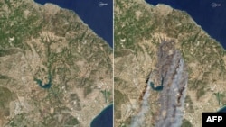 Această combinație de imagini din satelitul Planet Labs creată pe 12 august 2024 arată Attica de Est, Grecia, pe 11 august 2024 (stânga) și în timpul incendiului de vegetație pe 12 august 2024 (dreapta).