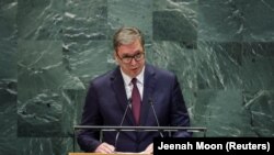 Predsednik Srbije Aleksandar Vučić tokom obraćanja na 80. sednici Generalne skupštine Ujedinjenih nacija u Njujorku, 24. septembra 2025. 