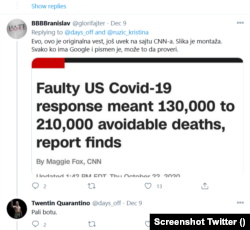 Tviteraš @glorifater upozorio je korisnika koji je podelio izmontiranu CNN-ovu vest da je objava o vakcinisanoj Irkinji lažna