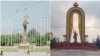 Tajikistan -- Then and now image showing central statues in Dushanbe