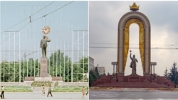 Tajikistan -- Then and now image showing central statues in Dushanbe