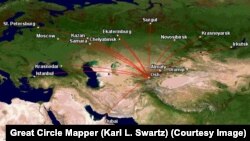 Оштон учкан эл аралык каттамдардын картасы.