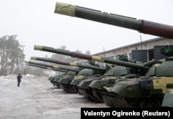 Modernized T-72 battle tanks at the Kyiv Armored Plant before a handing-over ceremony to the Ukrainian Armed Forces in Kyiv in February 2021.