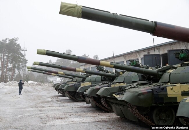 Modernized T-72 battle tanks at the Kyiv Armored Plant before a handing-over ceremony to the Ukrainian Armed Forces in Kyiv in February 2021.