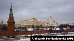 RUSSIA -- A view of Kremlin' Grand Kremlin Palace, towers, churches and frozen Moskva (Moscow) river in Moscow, February 14, 2018