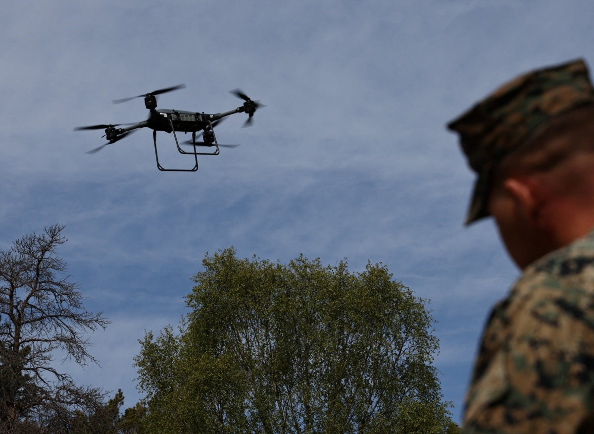 A US marine operates a logistics drone during a media event for the Aurora 26 military exercise near Visby on Gotland island, Sweden, on May 11, 2026