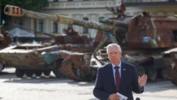 US Senator Lindsey Graham speaks to the media in Kyiv in July. 