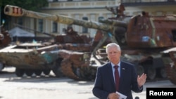 US Senator Lindsey Graham speaks to the media in Kyiv in July. 