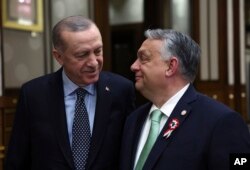 Угорський прем’єр Віктор Орбан з турецьким президентом Реджепом Тайїпом Ердоганом під час саміту НАТО у Вільнюсі. Липень 2023 року