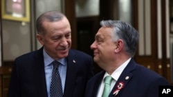 Recep Tayyip Erdoğan török elnök és Orbán Viktor miniszterelnök a törökországi Ankarában 2023. március 16-án