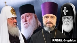 Патриарх Московский и всея Руси Кирилл, глава Абхазской Православной Церкви Виссарион Аплиаа, протоиерей Игорь Якимчук и покойный Патриарх всея Грузии Илия II (коллаж)