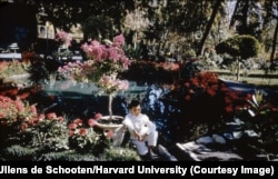 A boy lost in thought in a garden in Galandovak in the northeast of Tehran.