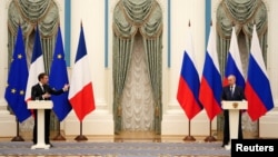 Ռուսաստանի և Ֆրանսիայի նախագահներ Վլադիմիր Պուտինի և Էմանյուել Մակրոնի համատեղ ասուլիսը Կրեմլում, Մոսկվա, 7-ը փետրվարի, 2022թ․