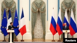 Russia - Russian President Vladimir Putin and French President Emmanuel Macron attend a joint press conference, in Moscow, February 7, 2022. 