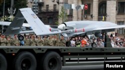 A Bayraktar drone is displayed during a rehearsal for a Ukrainian Independence Day parade in central Kyiv in August 2021.