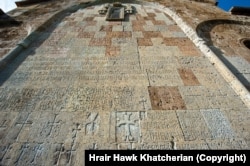 Crosses and Armenian text on the walls of the Dadivank Monastery in Azerbaijan's Kalbajar District.