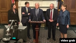 US Senator Roger Wicker (R-MS) speaks alongside other senators after a vote to advance legislation sanctioning Russia on July 28.
