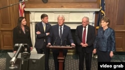 US Senator Roger Wicker (R-MS) speaks alongside other senators after a vote to advance legislation sanctioning Russia.