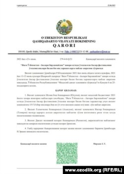 Qashqadaryo viloyati hokimi Zoir Mirzayevning qarorida Yoshlar festivali uchun hokimlikka 1 mlrd 517 mln 800 ming so‘m ajratish so‘ralgan.