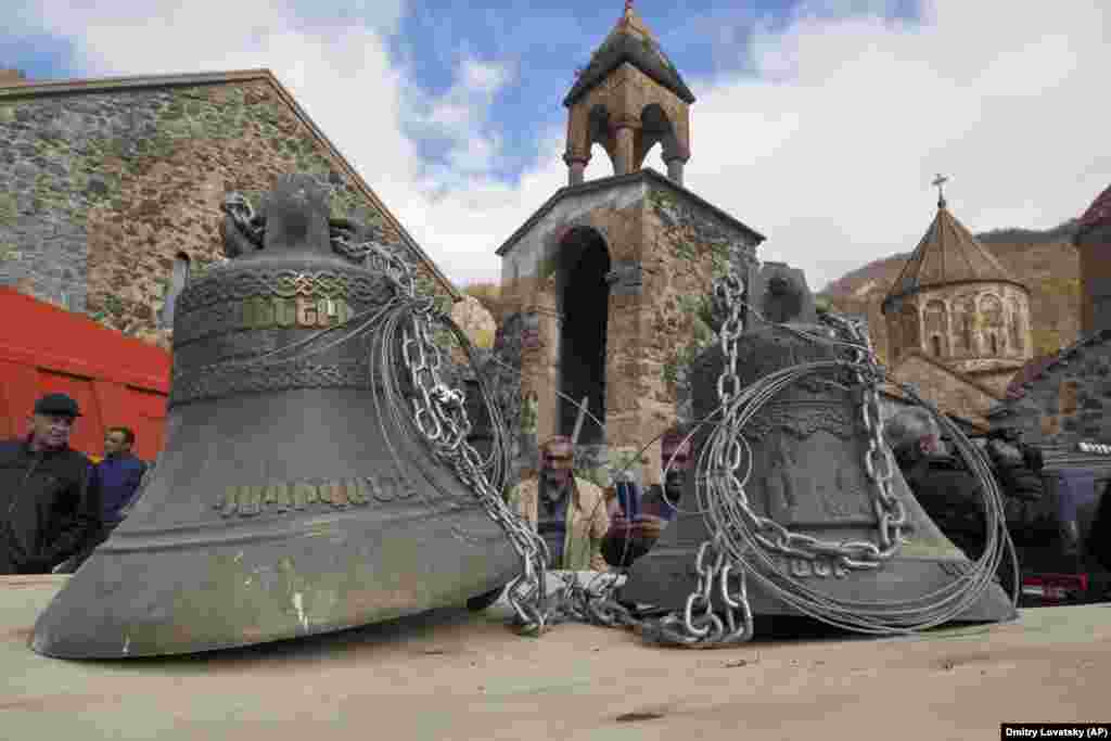Bells removed from Dadivank monastery await transport to Armenia as preparations are made for ethnic Armenians to transfer control of the Karvachar/Kalbacar district back to Azerbaijan.