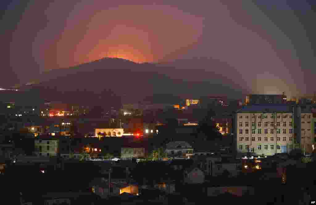 Fires burn in the forest around Stepanakert amid fighting on November 5.&nbsp;