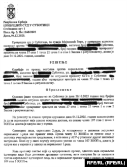 Odluka Privrednog suda u Subotici, koju je dobio Radio Slobodna Evropa na uvid