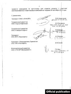 Poslednja stranica pisma tadašnjem potpredsedniku vlade Arkadiju Dvorkoviču iz septembra 2012. godine koje su potpisali najviši rukovodioci ruskih naftnih kompanija, žaleći se na prekomerne propise o odlaganju mulja.