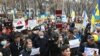 Demonstrators take part in an anti-war protest in support of Ukraine in Almaty on March 6.