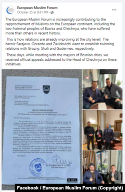 Objava na Facebooku u kojoj je Europski muslimanski forum izvijestio o aktivnostima u BiH, podijelivši pismo načelnika Zavidovića upućeno Ramzanu Kadirovu, oktobar 2021.
