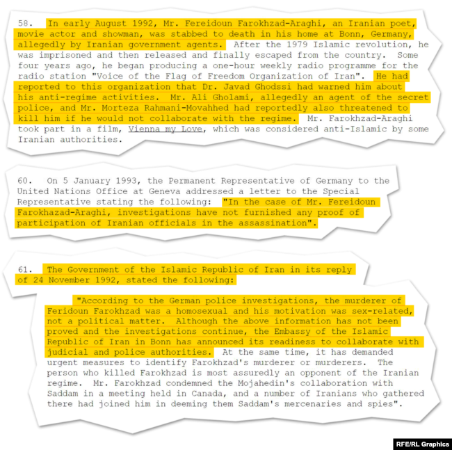 A January 1993 report by the UN Commission on Human Rights cited multiple alleged threats against Farrokhzad prior to his killing in 1992.