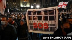 Участники митинга требуют освободить из тюрьмы Михаила Саакашвили. Тбилиси, 31 октября 2021 года.