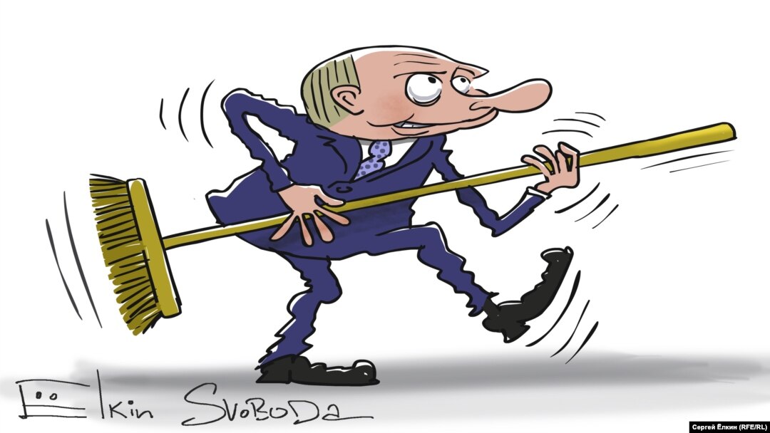 Atacurile la adresa libertăților vizează, în Rusia, și creatorii de umor. În imagine, o caricatură politică semnată de Sergei Elkin.