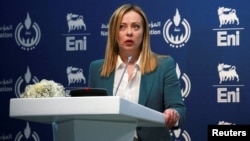 Italian Prime Minister Giorgia Meloni speaks during a news conference in Tripoli on January 28.