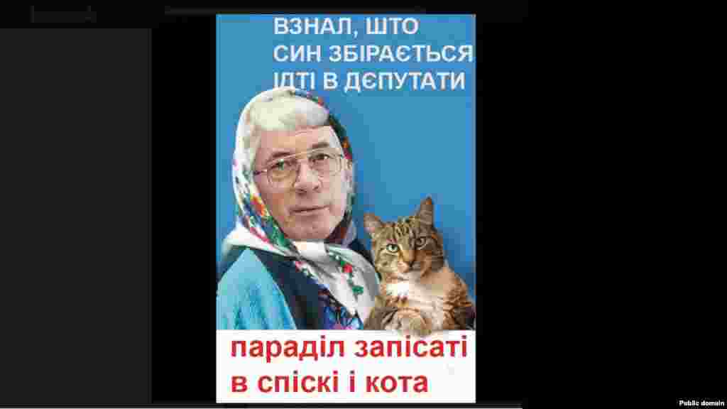 This image shows Prime Minister Azarov saying, &quot;I learned that my son wants to be a deputy. He advised me to list a cat.&quot;