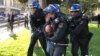 An activist is taken away by police in Baku today.