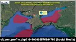 Карта ймовірного блокування районів Чорного та Азовського морів під час російських військових навчань. 