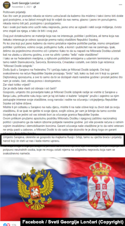 Post grupe Sveti Georgije Lončari na Facebooku, novembar 2021.