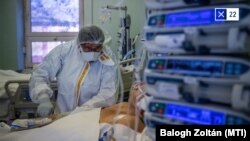 Lélegeztetett beteget lát el egy védőfelszerelést viselő orvos a fővárosi Szent László Kórház koronavírussal fertőzött betegek fogadására kialakított intenzív osztályán 2021. december 13-án.
