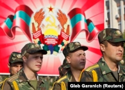 Soldiers from Transdniester take part in an Independence Day celebration in Tiraspol, the capital, on September 2, 2012.