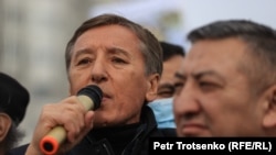 Bolat Abilov speaks at a rally in memory of those killed during the January events in Almaty on February 13.