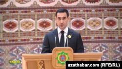 Serdar Berdymukhammedov addresses a meeting of the People's Council in Ashgabat in February.