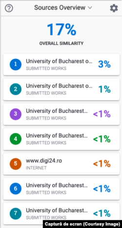 Sistemul antiplagiat folosit de majoritatea facultăților indică sursa din care provin anumite fraze, cât și procentul de informație folosită.