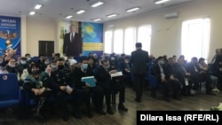 The families of detainees gather in Shymkent to complain about torture in custody on February 10.