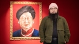 Badiucao poses next to his artwork Carrie Lam 2018, which merges the likeness of Chinese President Xi Jinping with that of Hong Kong leader, at his show in Brescia, Italy. “I wear these attempts at censorship as a badge of honor,” he says.