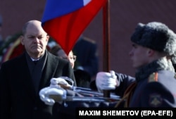 Олаф Шольц в Москве во время визита к Путину, 15-е февраля 2022-го года