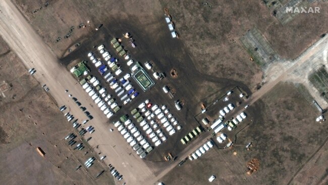 Ukraine -- A closer view of troops and equipment Oktyabrskoye airfield Crimea. Picture taken on February 10, 2022. ©2022 Maxar Technologies