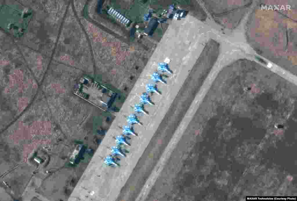 A new deployment of Su-34 fighter jets at the Primorsko Akhtarsk air base in the Krasnodar region, Russia, on February 13. The base is near Crimea and Ukraine&#39;s southern border.